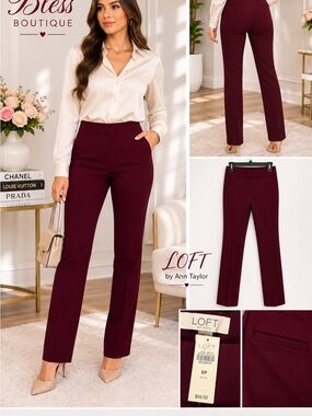 LOFT Tailored Straight-Leg Trousers in Burgundy